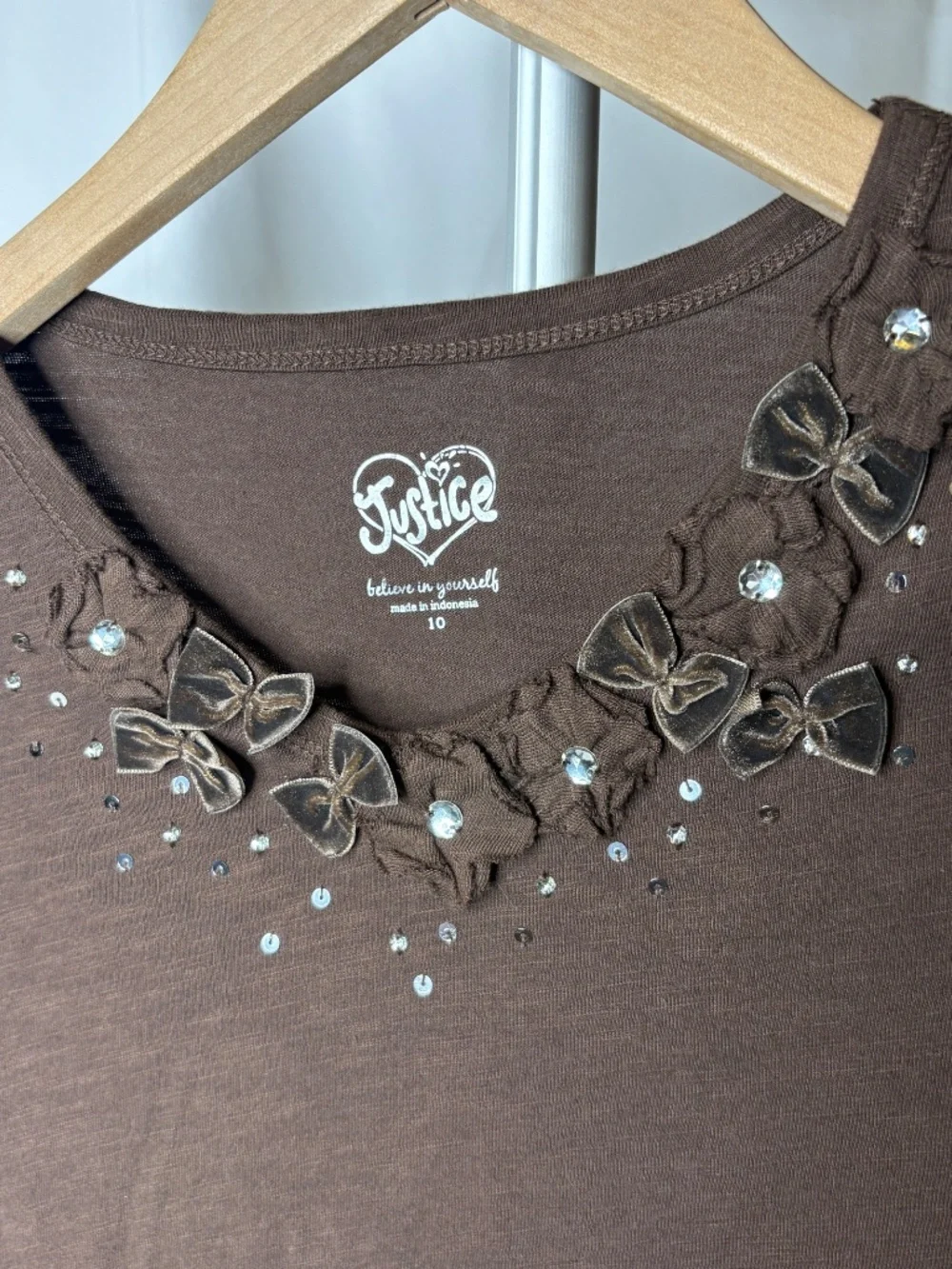 Vintage Justice Brown W/Bows/Flowers/Sequin Long Sleeve Shirt Size 10 Girl's EUC